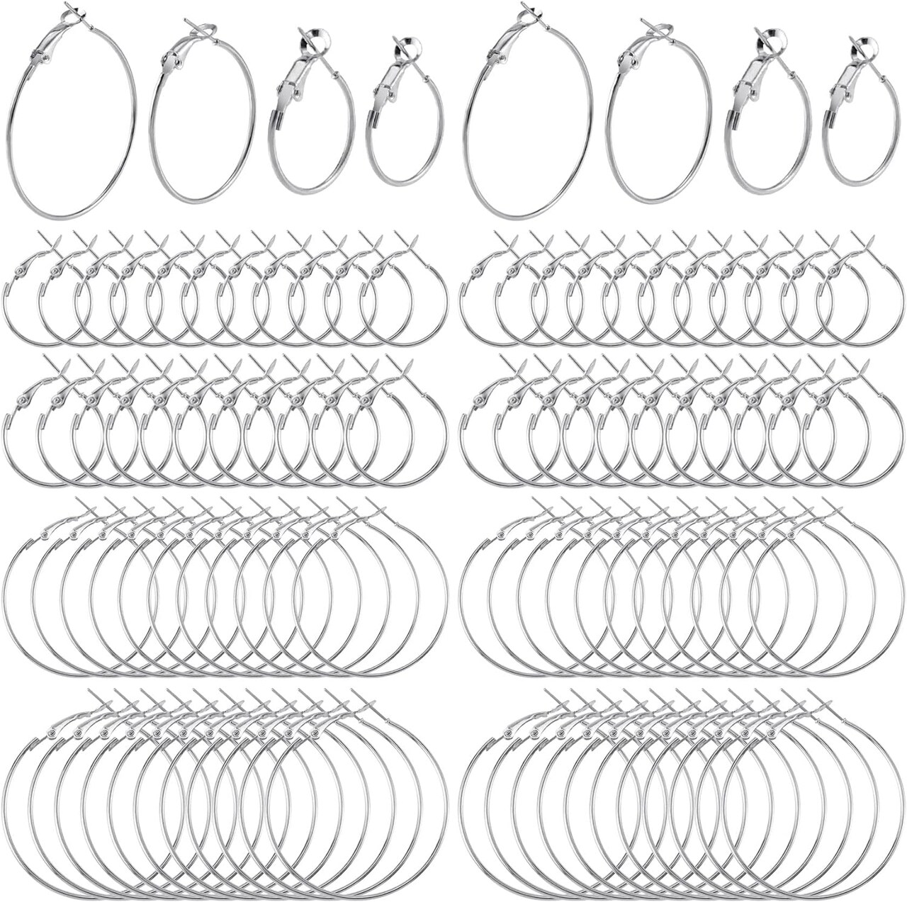 96Pcs Earring Hoops for Jewelry Making, Hypoallergenic Alloy Round Earrings Finding, Silver Open Beading DIY Earrings Craft Art Accessories